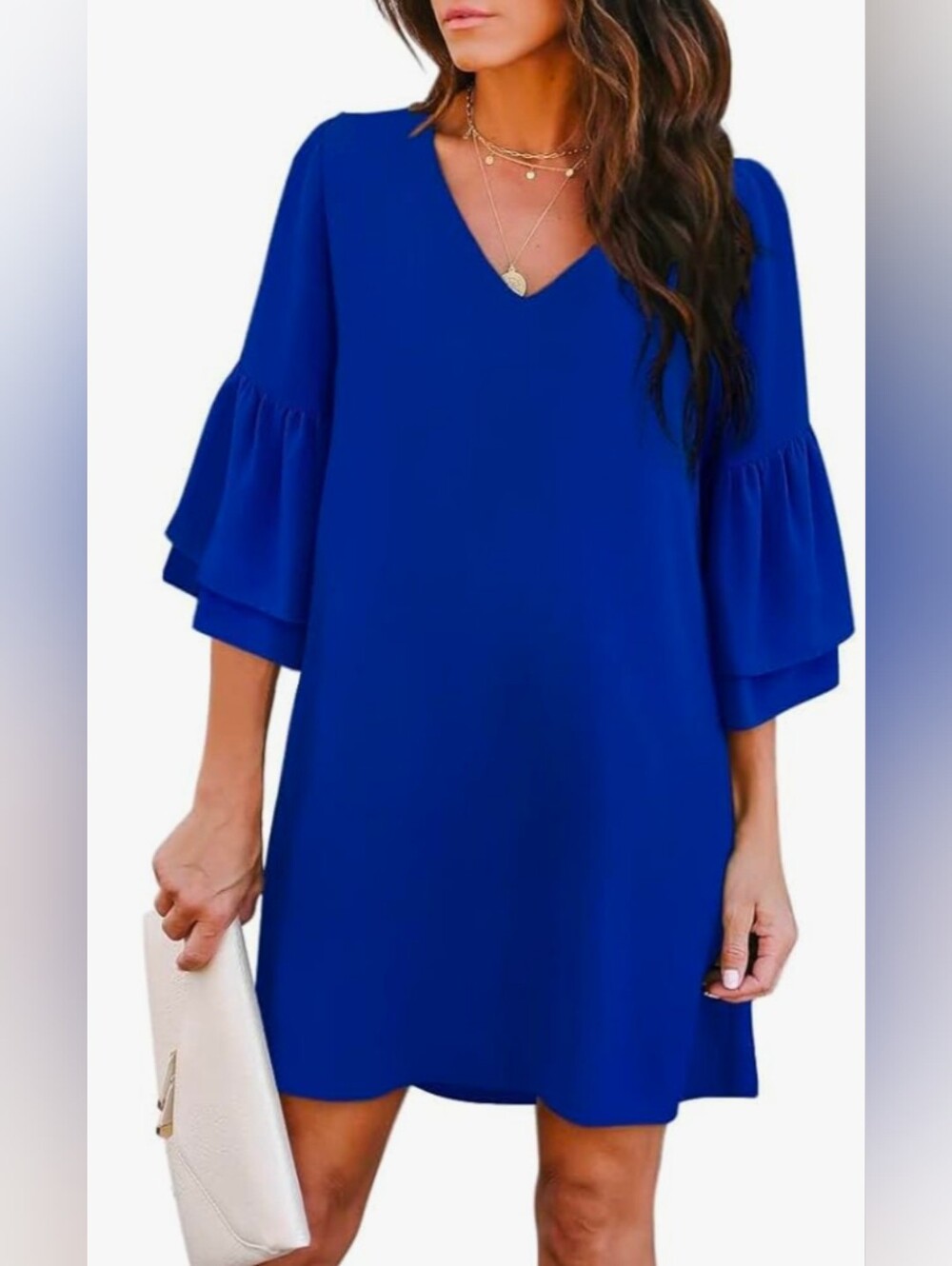 Belongsci Blue V-Neck Bell Sleeve Mini Shift Dress (NWOT)